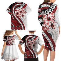 Bula Fiji Family Matching Long Sleeve Bodycon Dress and Hawaiian Shirt White Kaivity Masi Tapa