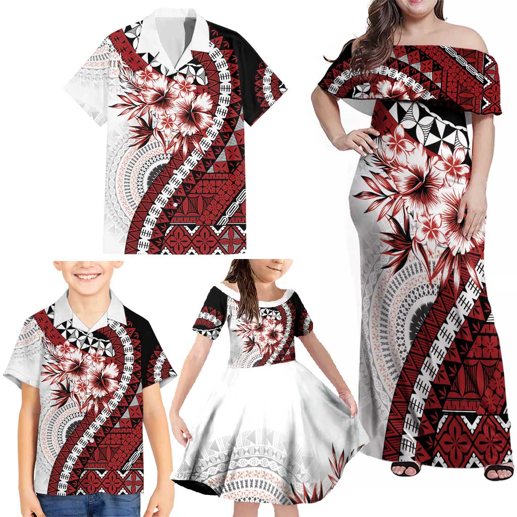 Bula Fiji Family Matching Off Shoulder Maxi Dress and Hawaiian Shirt White Kaivity Masi Tapa