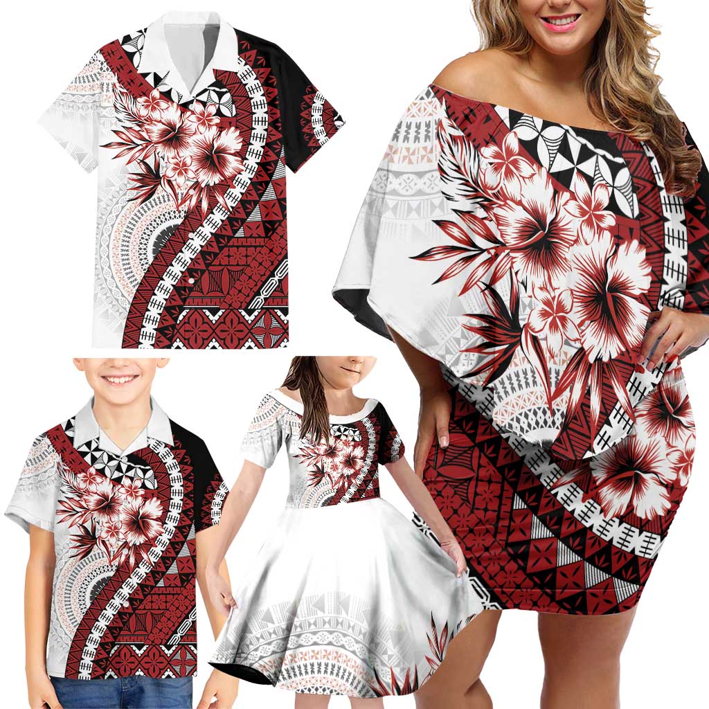 Bula Fiji Family Matching Off Shoulder Short Dress and Hawaiian Shirt White Kaivity Masi Tapa