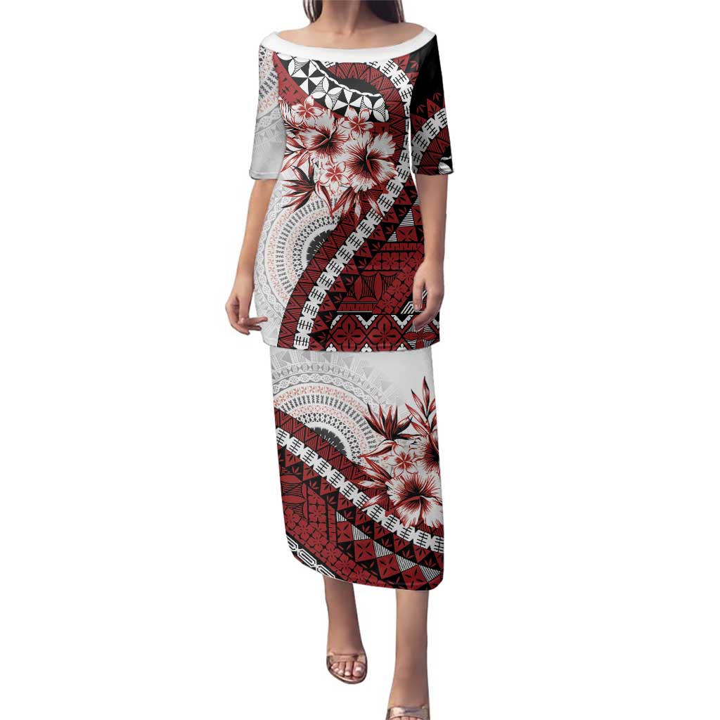 Bula Fiji Family Matching Puletasi and Hawaiian Shirt White Kaivity Masi Tapa