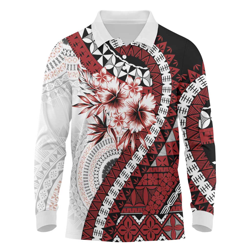 Bula Fiji Long Sleeve Polo Shirt White Kaivity Masi Tapa LT7 White - Polynesian Pride