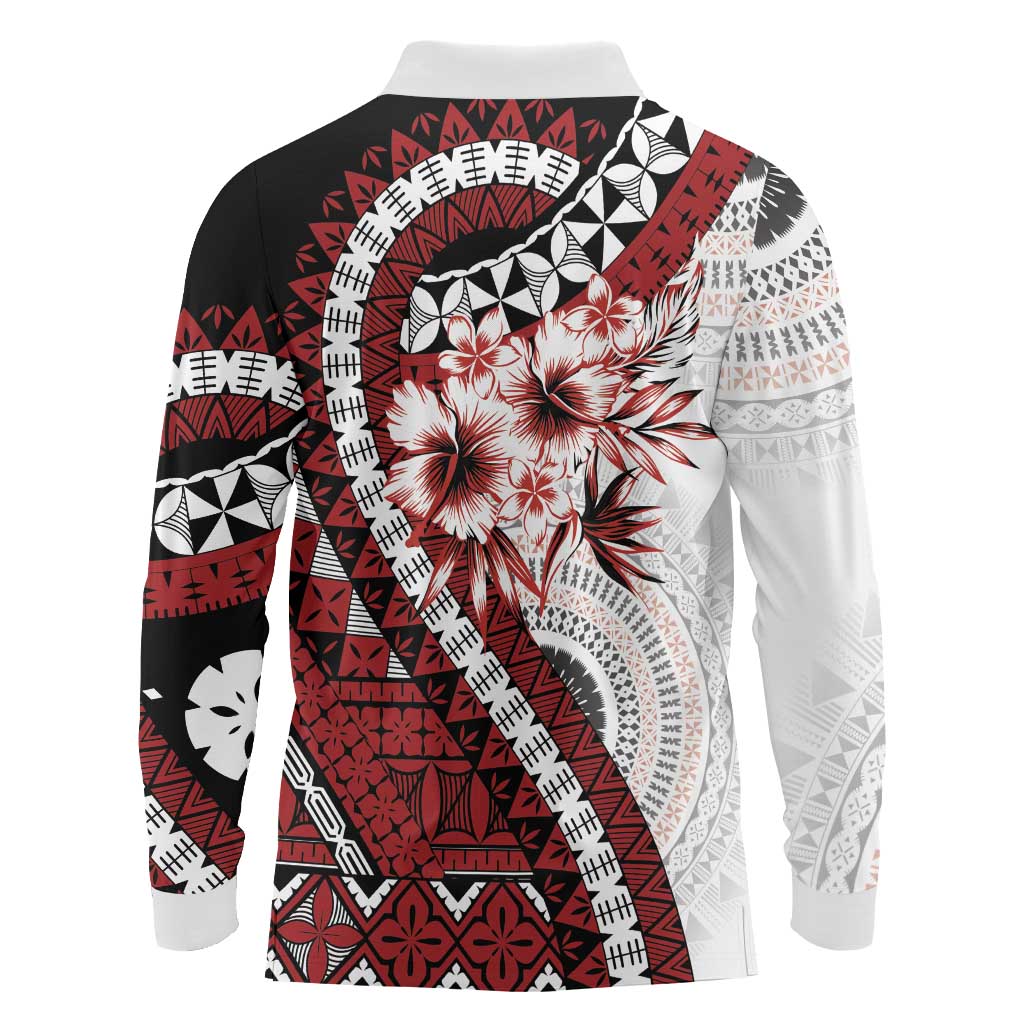Bula Fiji Long Sleeve Polo Shirt White Kaivity Masi Tapa LT7 - Polynesian Pride