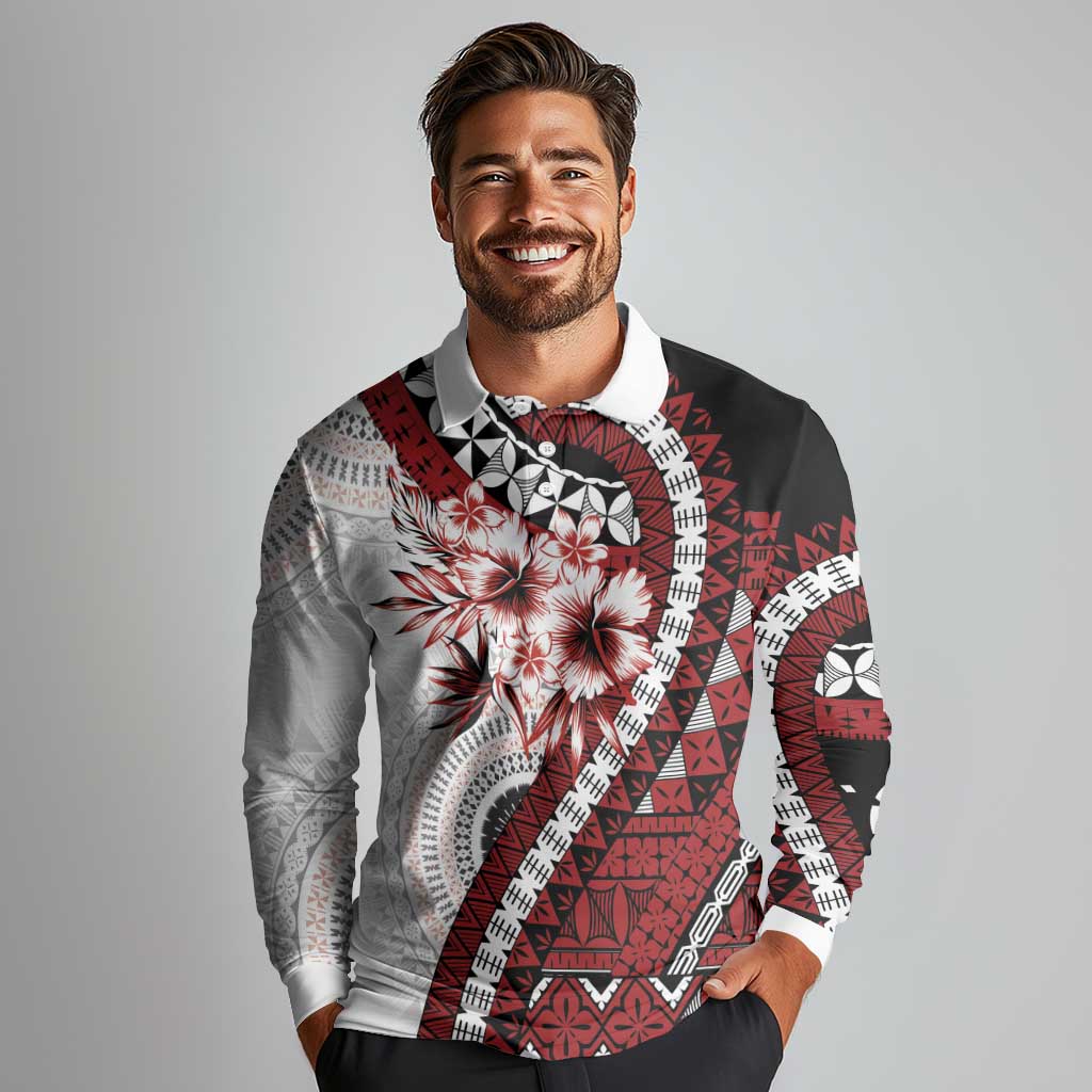 Bula Fiji Long Sleeve Polo Shirt White Kaivity Masi Tapa LT7 - Polynesian Pride