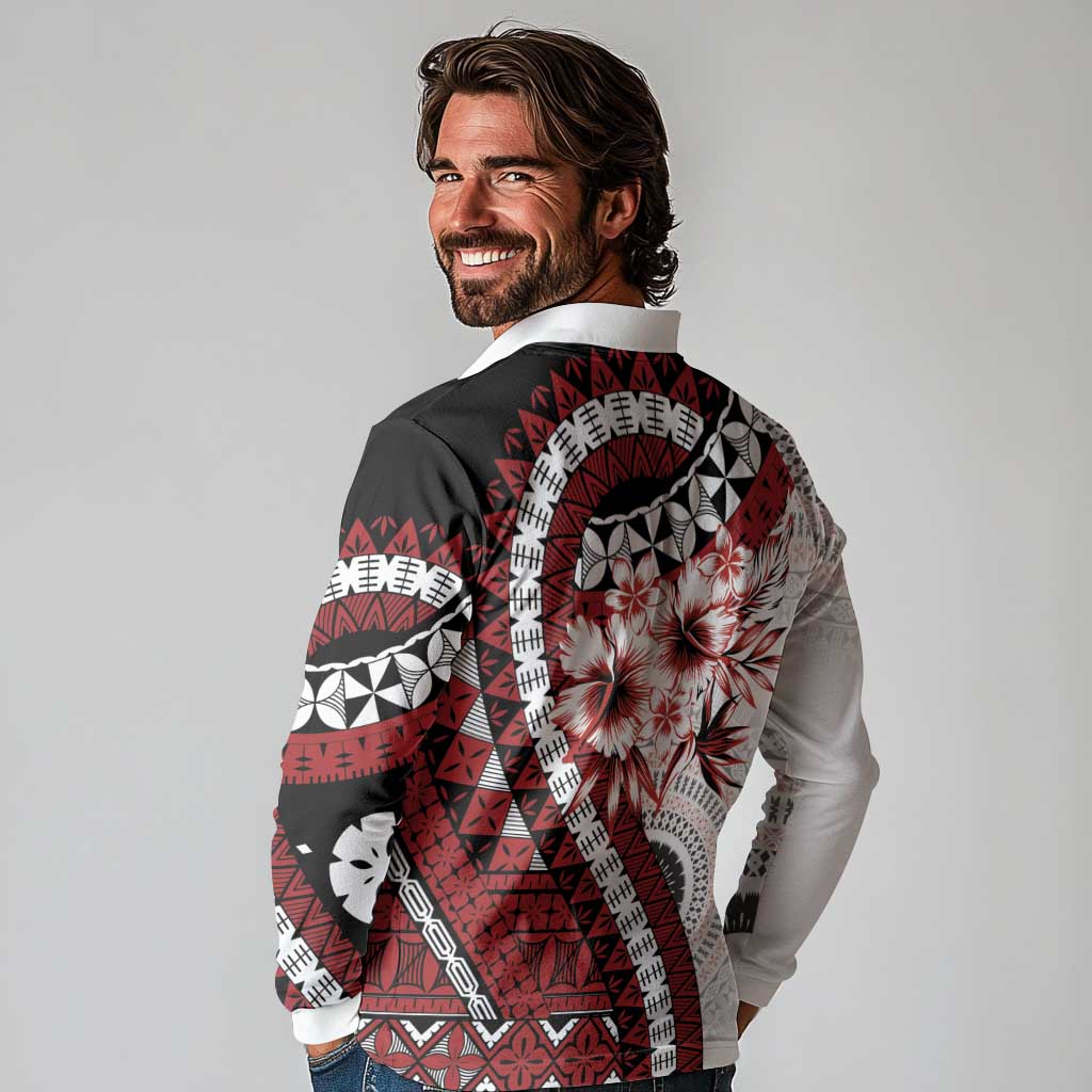 Bula Fiji Long Sleeve Polo Shirt White Kaivity Masi Tapa LT7 - Polynesian Pride