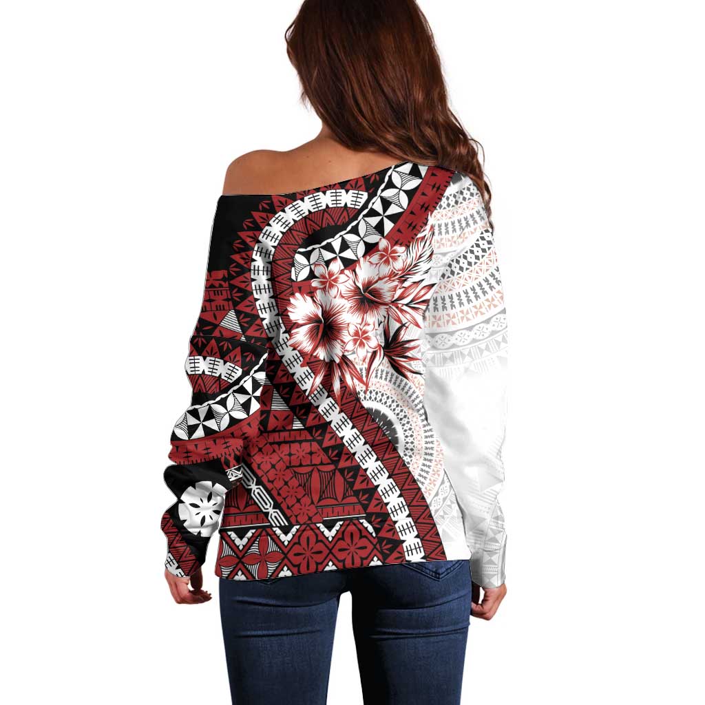 Bula Fiji Off Shoulder Sweater White Kaivity Masi Tapa LT7 - Polynesian Pride
