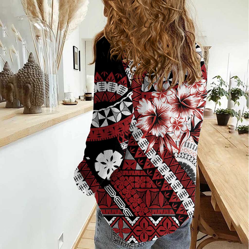 Bula Fiji Women Casual Shirt White Kaivity Masi Tapa