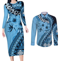 Bula Fiji Couples Matching Long Sleeve Bodycon Dress and Long Sleeve Button Shirt Turquoise Kaivity Masi Tapa