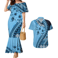 Bula Fiji Couples Matching Mermaid Dress and Hawaiian Shirt Turquoise Kaivity Masi Tapa