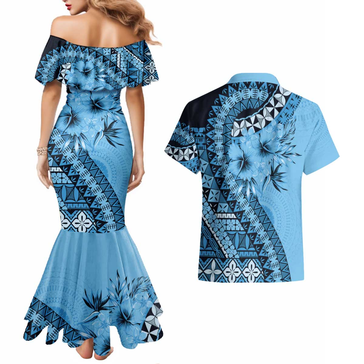 Bula Fiji Couples Matching Mermaid Dress and Hawaiian Shirt Turquoise Kaivity Masi Tapa