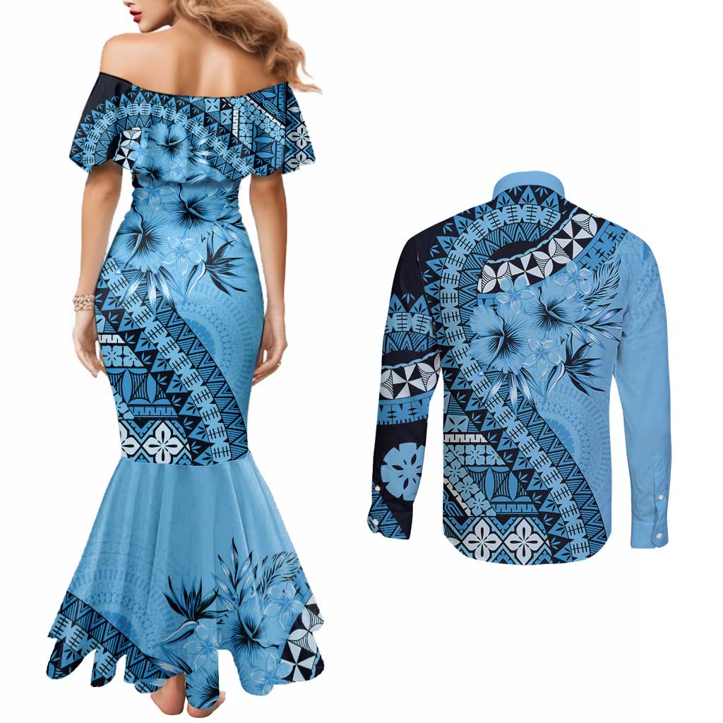 Bula Fiji Couples Matching Mermaid Dress and Long Sleeve Button Shirt Turquoise Kaivity Masi Tapa