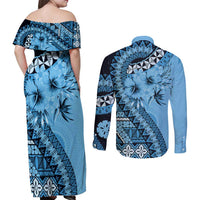 Bula Fiji Couples Matching Off Shoulder Maxi Dress and Long Sleeve Button Shirt Turquoise Kaivity Masi Tapa