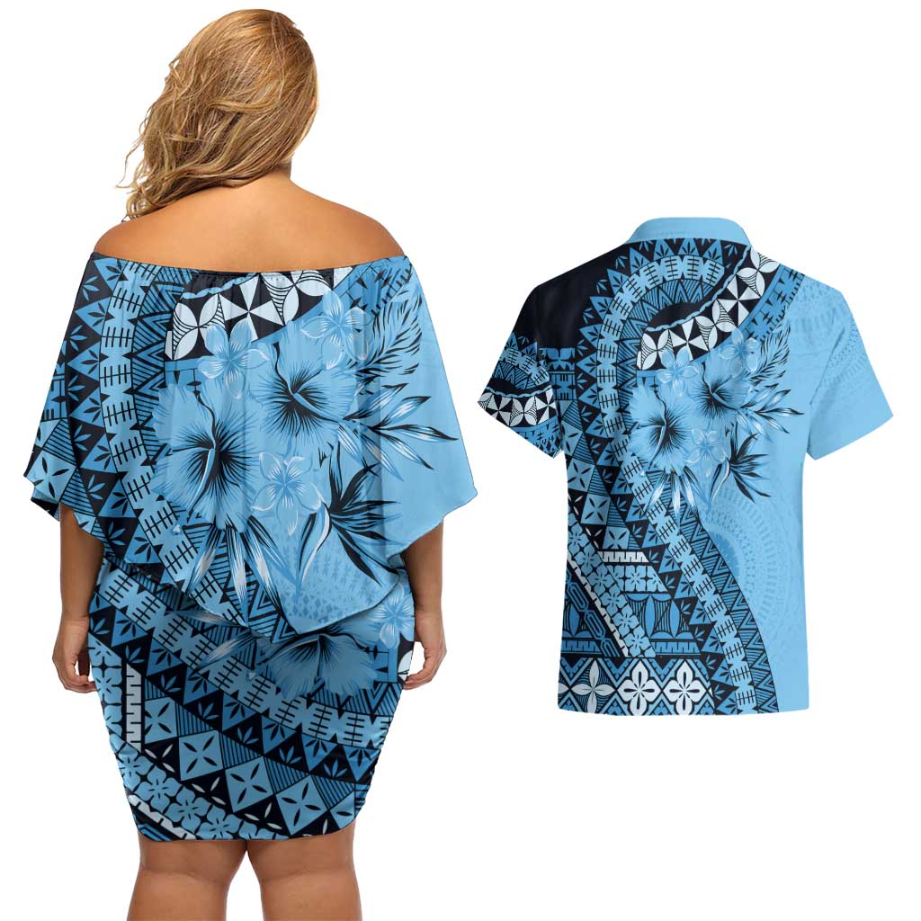 Bula Fiji Couples Matching Off Shoulder Short Dress and Hawaiian Shirt Turquoise Kaivity Masi Tapa