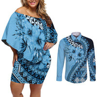 Bula Fiji Couples Matching Off Shoulder Short Dress and Long Sleeve Button Shirt Turquoise Kaivity Masi Tapa