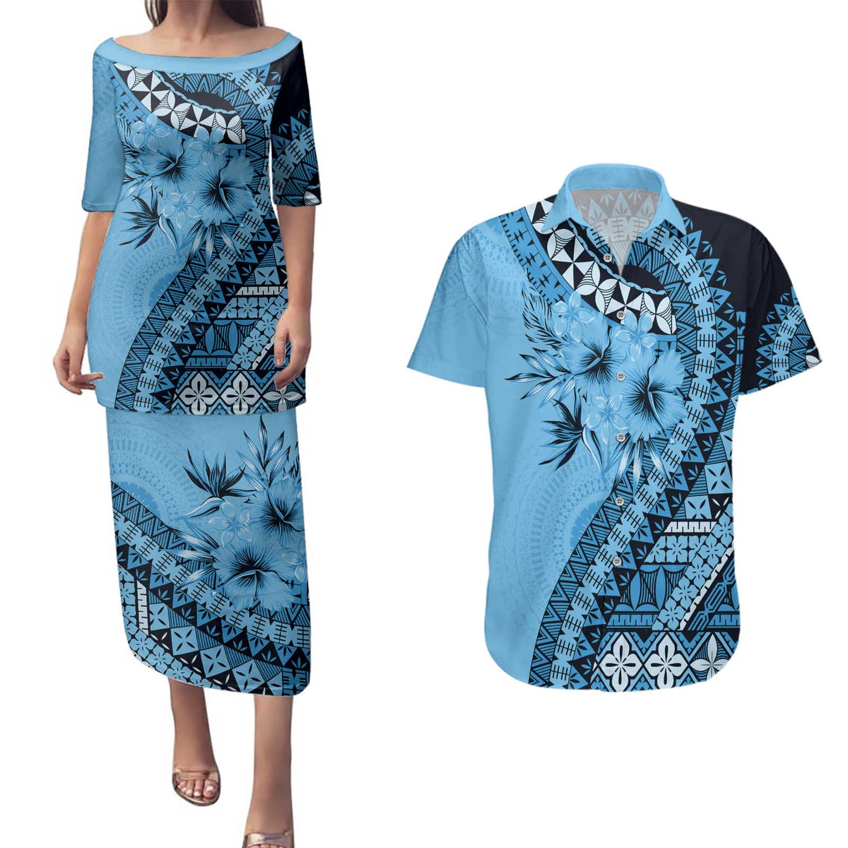 Bula Fiji Couples Matching Puletasi and Hawaiian Shirt Turquoise Kaivity Masi Tapa LT7 Turquoise - Polynesian Pride