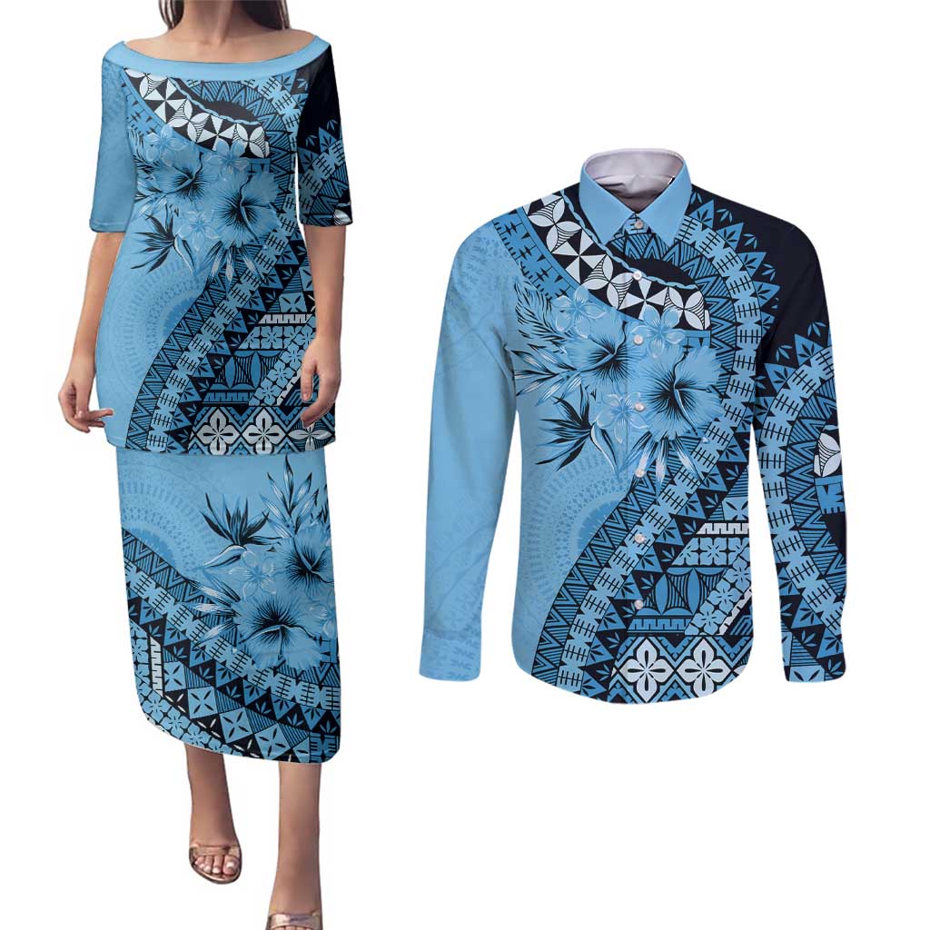 Bula Fiji Couples Matching Puletasi and Long Sleeve Button Shirt Turquoise Kaivity Masi Tapa
