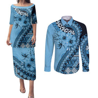 Bula Fiji Couples Matching Puletasi and Long Sleeve Button Shirt Turquoise Kaivity Masi Tapa LT7 Turquoise - Polynesian Pride