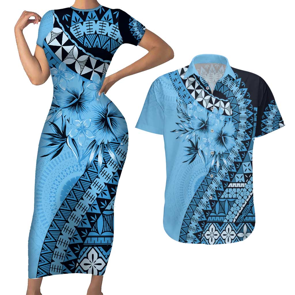 Bula Fiji Couples Matching Short Sleeve Bodycon Dress and Hawaiian Shirt Turquoise Kaivity Masi Tapa