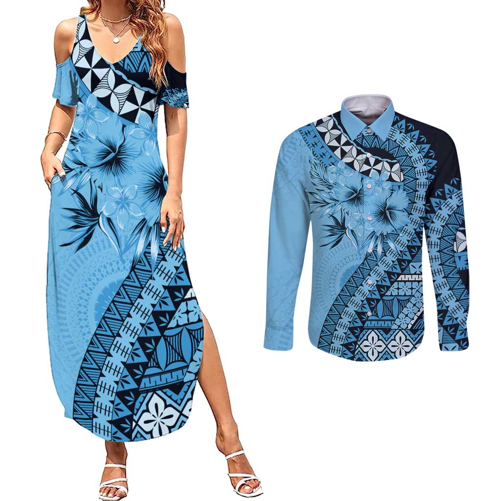 Bula Fiji Couples Matching Summer Maxi Dress and Long Sleeve Button Shirt Turquoise Kaivity Masi Tapa