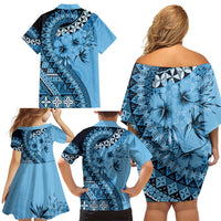 Bula Fiji Family Matching Off Shoulder Short Dress and Hawaiian Shirt Turquoise Kaivity Masi Tapa