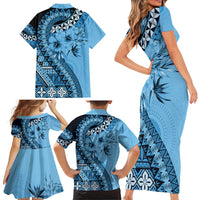 Bula Fiji Family Matching Short Sleeve Bodycon Dress and Hawaiian Shirt Turquoise Kaivity Masi Tapa