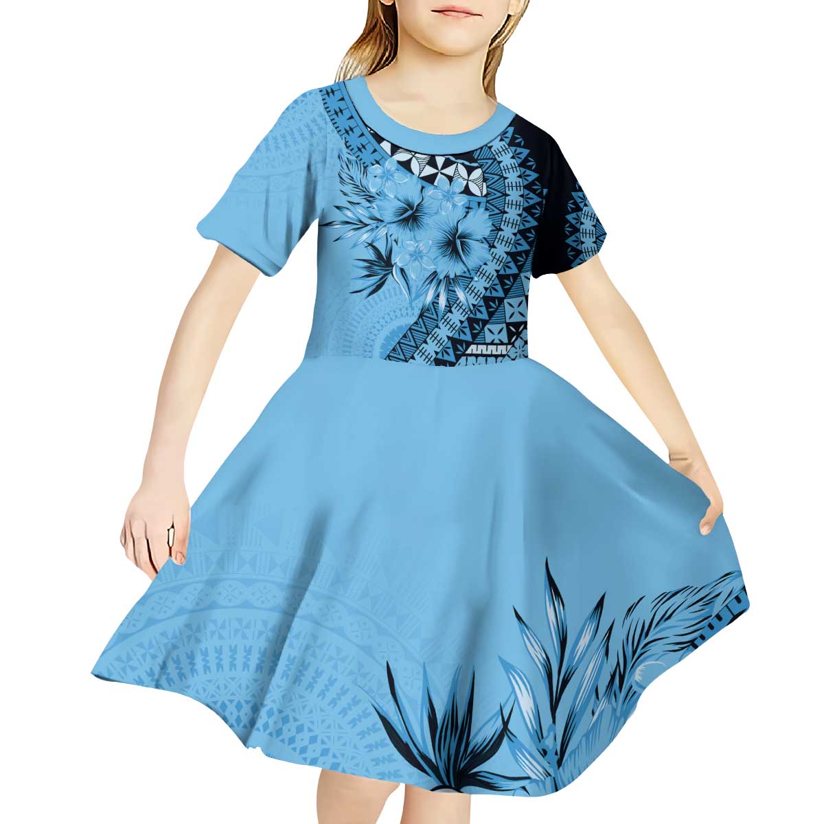 Bula Fiji Kid Short Sleeve Dress Turquoise Kaivity Masi Tapa