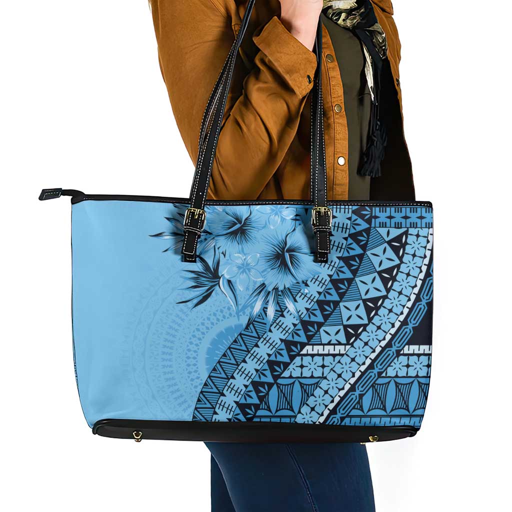Bula Fiji Leather Tote Bag Turquoise Kaivity Masi Tapa LT7 - Polynesian Pride