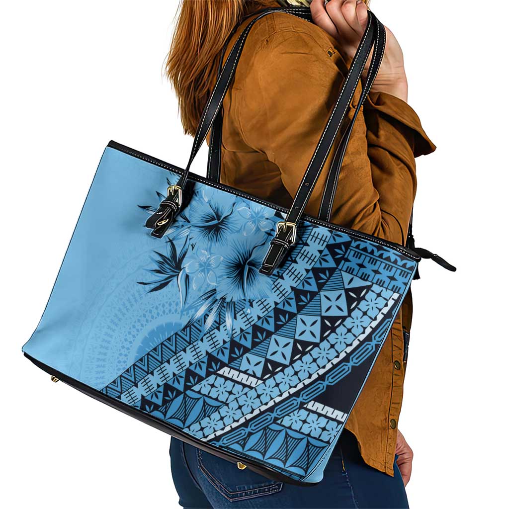 Bula Fiji Leather Tote Bag Turquoise Kaivity Masi Tapa LT7 - Polynesian Pride