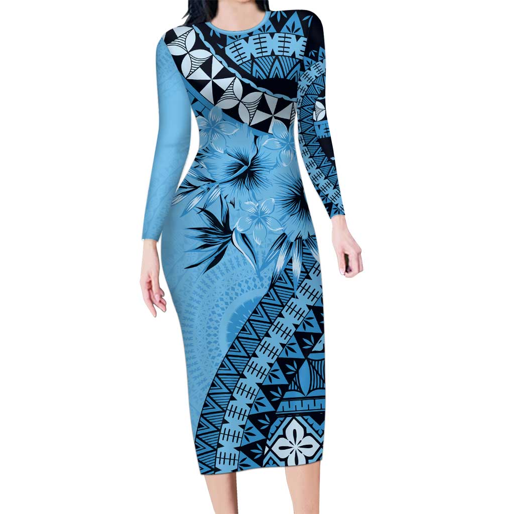 Bula Fiji Long Sleeve Bodycon Dress Turquoise Kaivity Masi Tapa