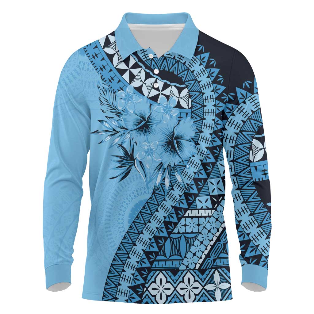 Bula Fiji Long Sleeve Polo Shirt Turquoise Kaivity Masi Tapa LT7 Turquoise - Polynesian Pride