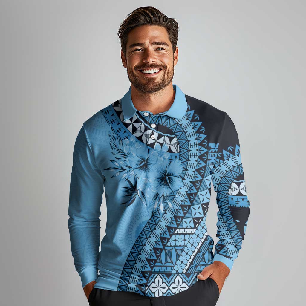 Bula Fiji Long Sleeve Polo Shirt Turquoise Kaivity Masi Tapa LT7 - Polynesian Pride