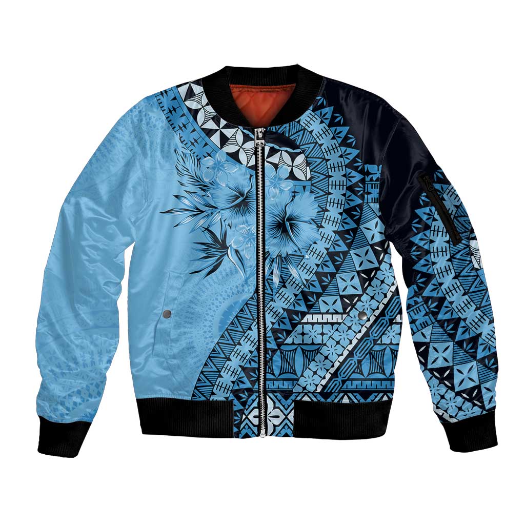 Bula Fiji Sleeve Zip Bomber Jacket Turquoise Kaivity Masi Tapa