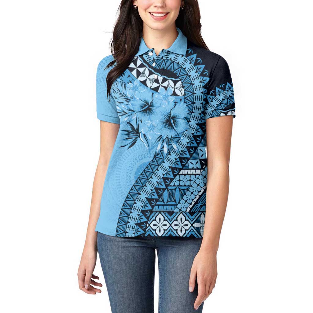Bula Fiji Women Polo Shirt Turquoise Kaivity Masi Tapa