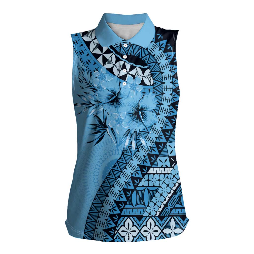 Bula Fiji Women Sleeveless Polo Shirt Turquoise Kaivity Masi Tapa LT7 Female Turquoise - Polynesian Pride