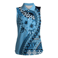 Bula Fiji Women Sleeveless Polo Shirt Turquoise Kaivity Masi Tapa LT7 Female Turquoise - Polynesian Pride
