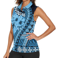Bula Fiji Women Sleeveless Polo Shirt Turquoise Kaivity Masi Tapa LT7 - Polynesian Pride