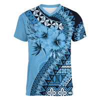 Bula Fiji Women V-Neck T-Shirt Turquoise Kaivity Masi Tapa LT7 Female Turquoise - Polynesian Pride
