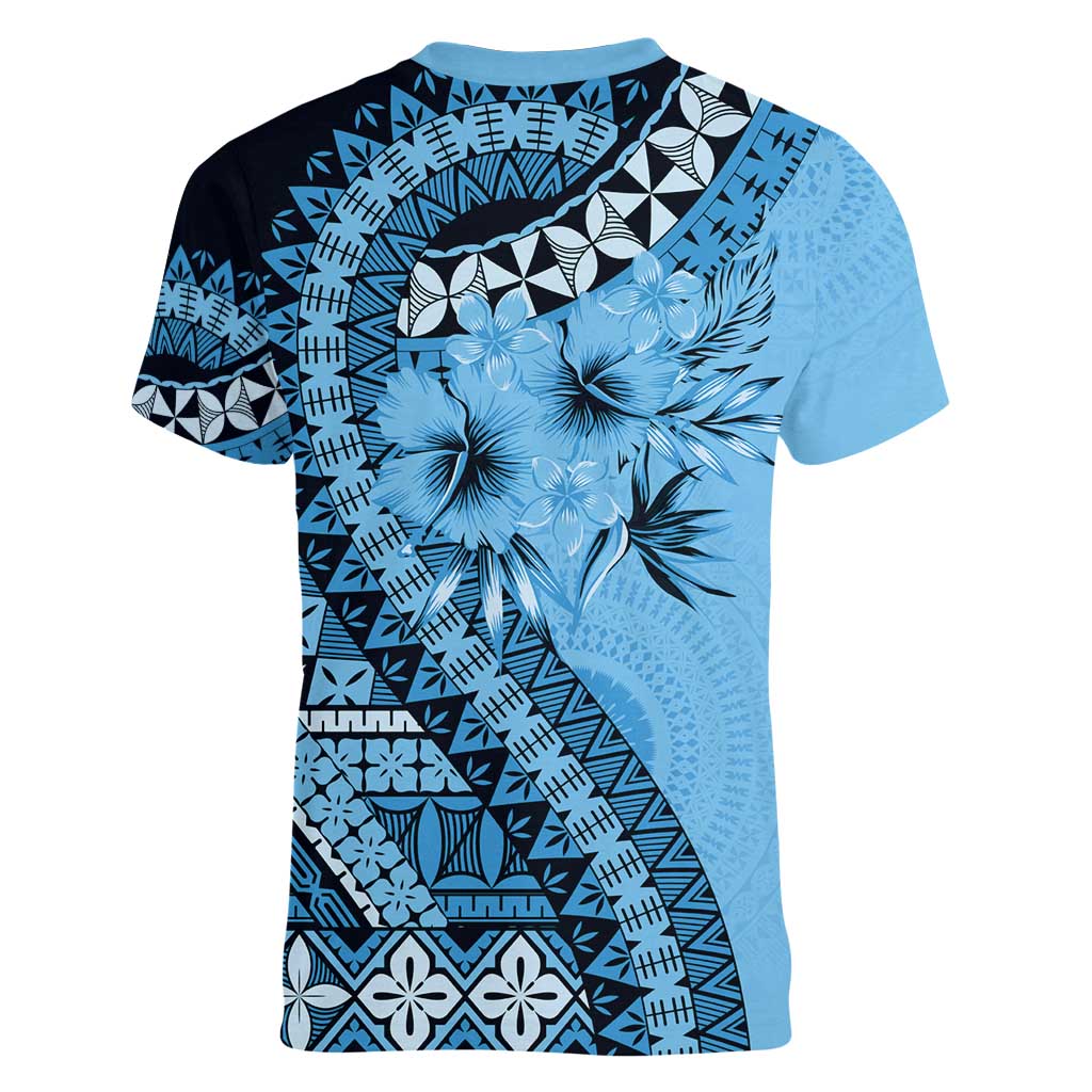 Bula Fiji Women V-Neck T-Shirt Turquoise Kaivity Masi Tapa LT7 - Polynesian Pride