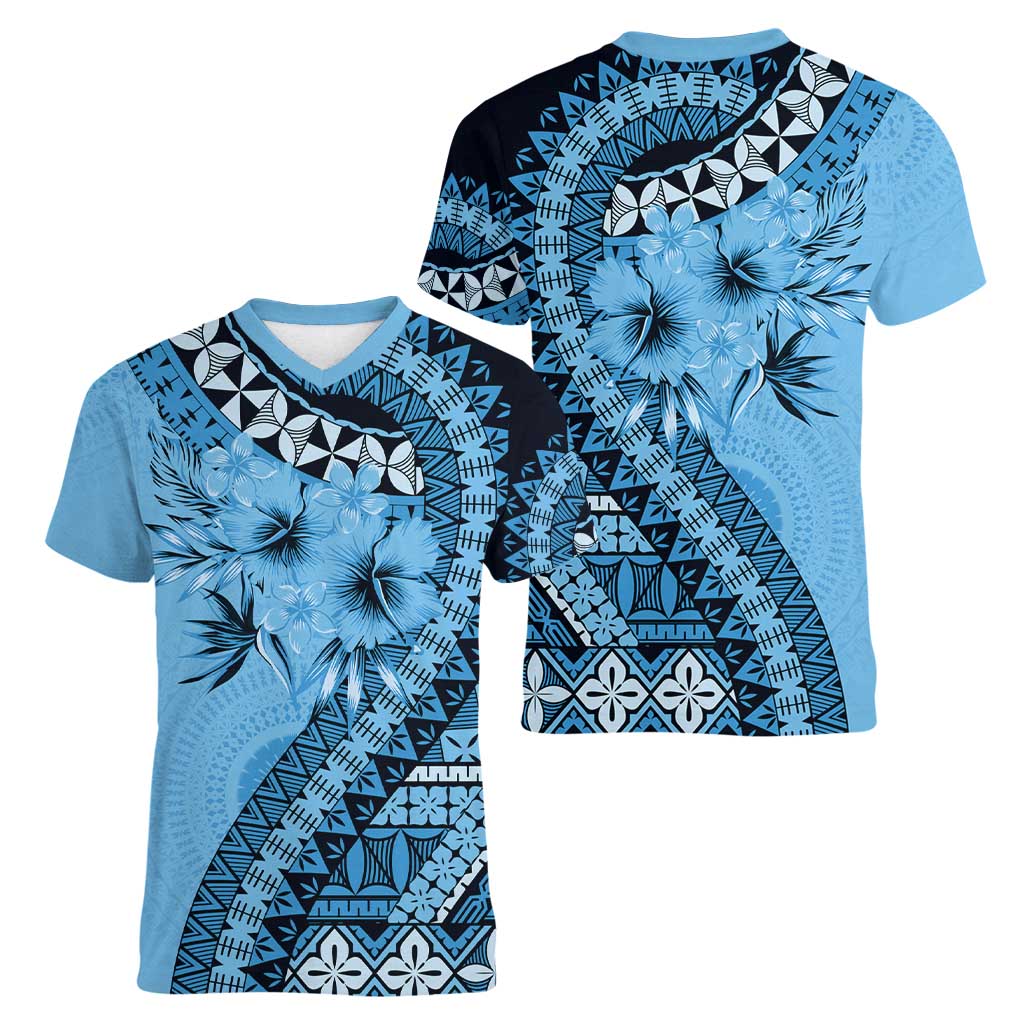 Bula Fiji Women V-Neck T-Shirt Turquoise Kaivity Masi Tapa LT7 - Polynesian Pride