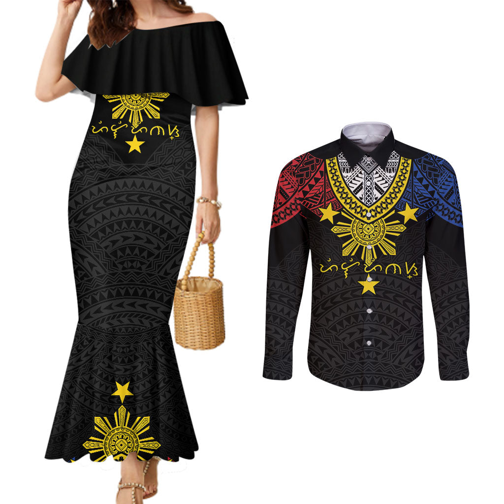 Philippines Heritage Baybayin Mix Polynesian Couples Matching Mermaid Dress and Long Sleeve Button Shirt LT7 Black - Polynesian Pride