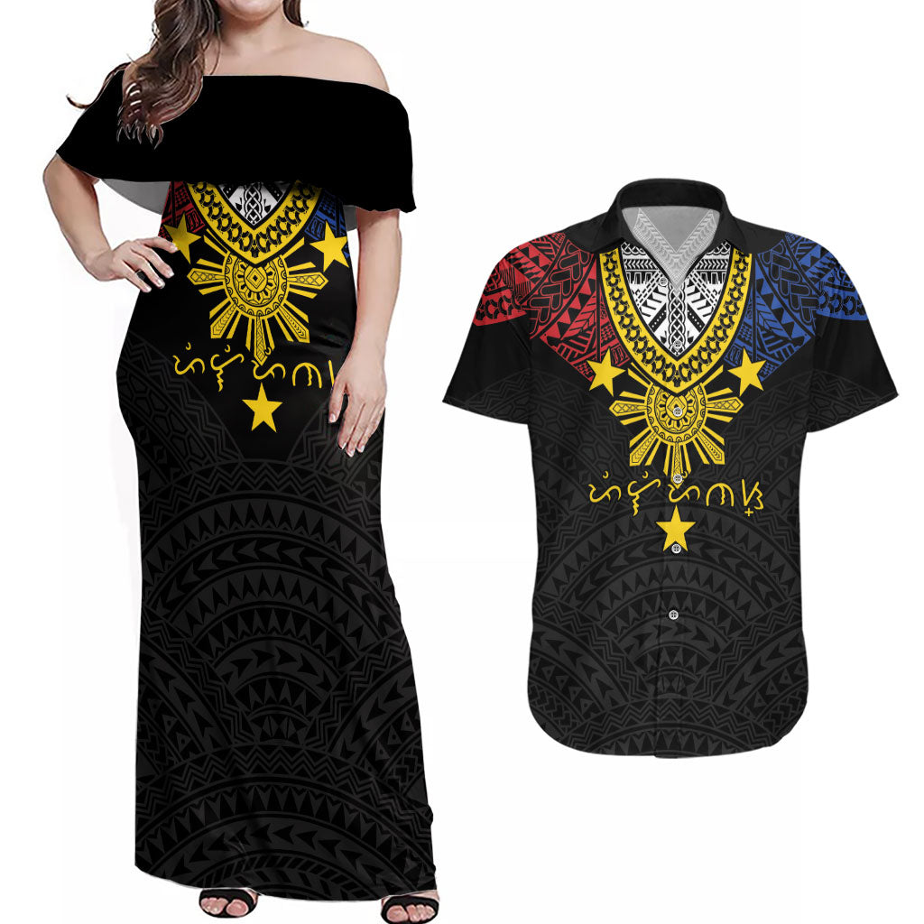 Philippines Heritage Baybayin Mix Polynesian Couples Matching Off Shoulder Maxi Dress and Hawaiian Shirt LT7 Black - Polynesian Pride