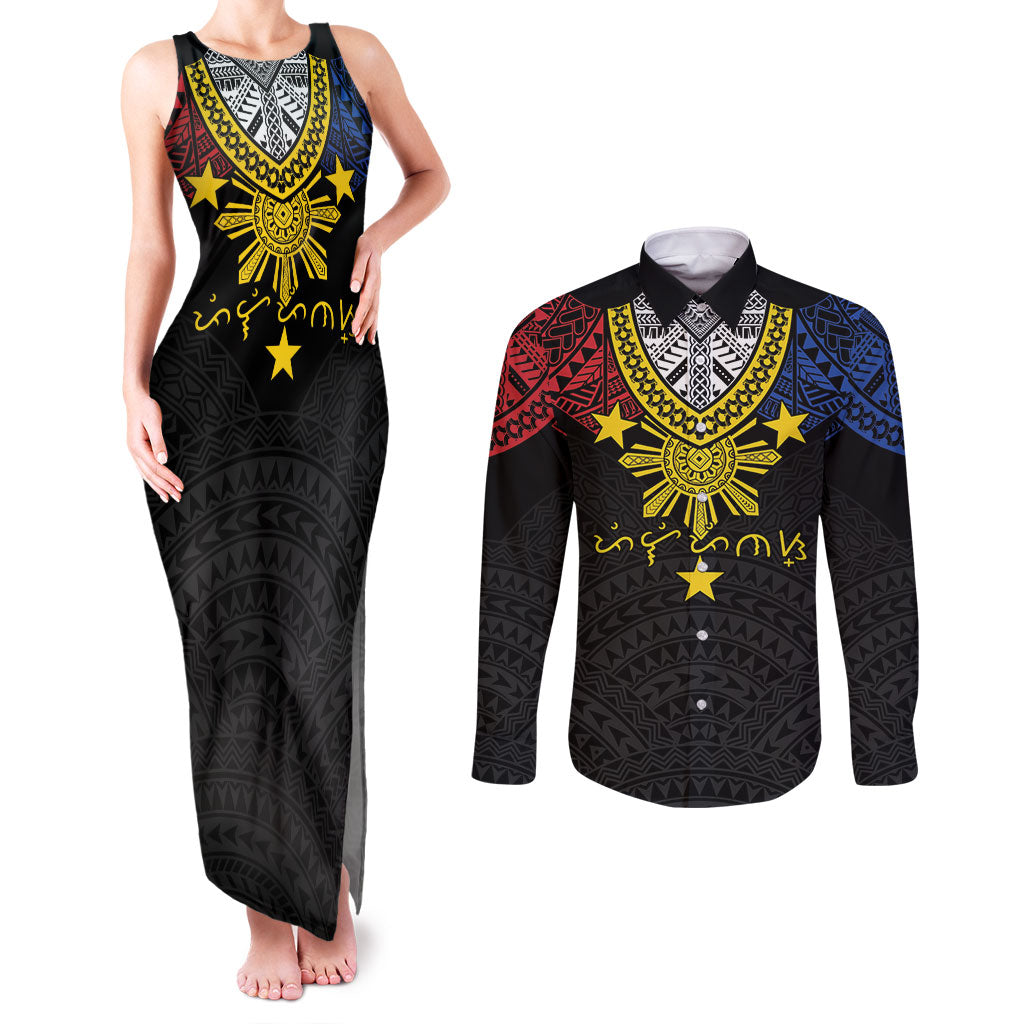 Philippines Heritage Baybayin Mix Polynesian Couples Matching Tank Maxi Dress and Long Sleeve Button Shirt