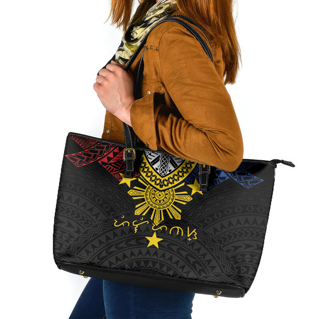 Philippines Heritage Baybayin Mix Polynesian Leather Tote Bag LT7 Black - Polynesian Pride