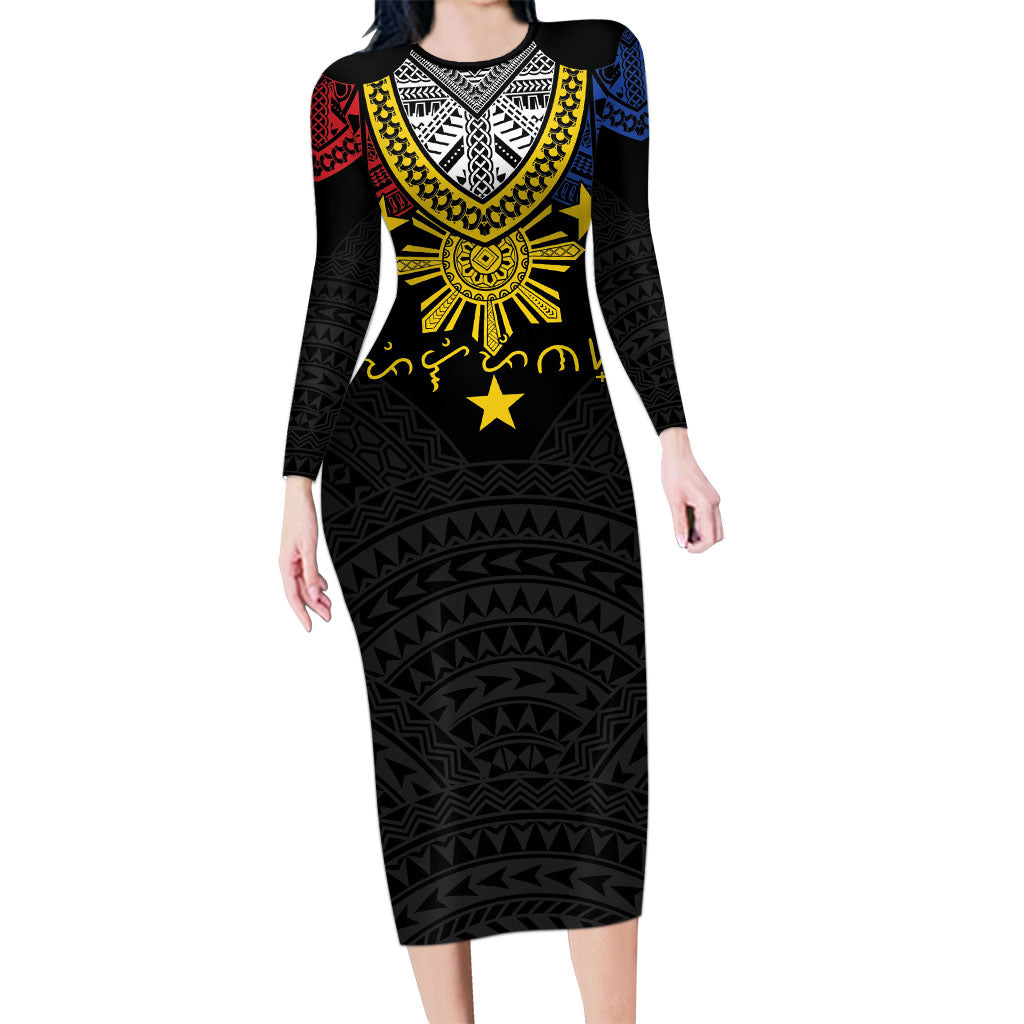 Philippines Heritage Baybayin Mix Polynesian Long Sleeve Bodycon Dress LT7 Long Dress Black - Polynesian Pride