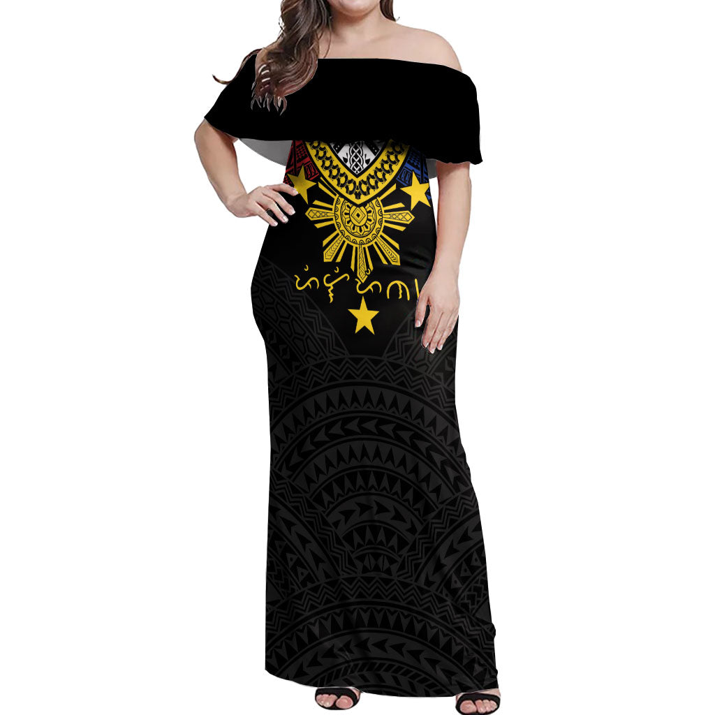 Philippines Heritage Baybayin Mix Polynesian Off Shoulder Maxi Dress LT7 Women Black - Polynesian Pride
