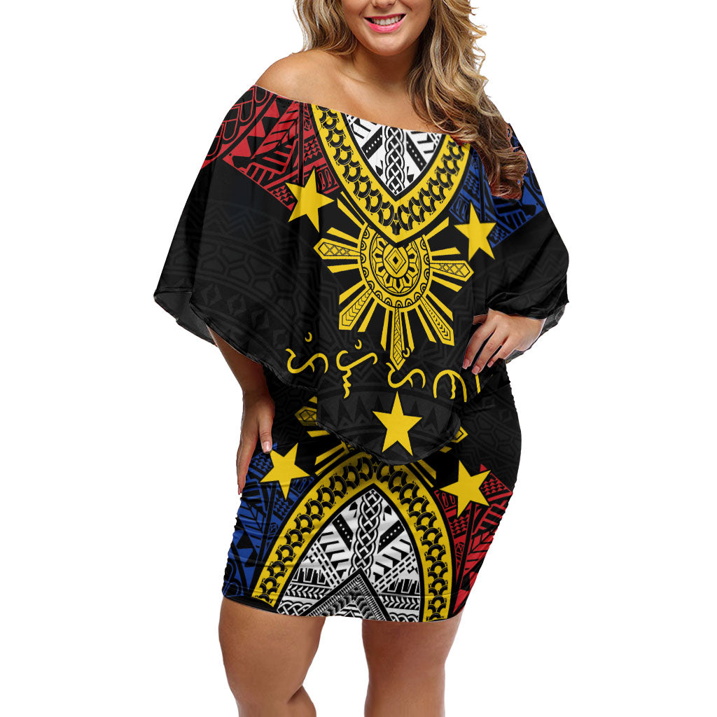 Philippines Heritage Baybayin Mix Polynesian Off Shoulder Short Dress LT7 Women Black - Polynesian Pride