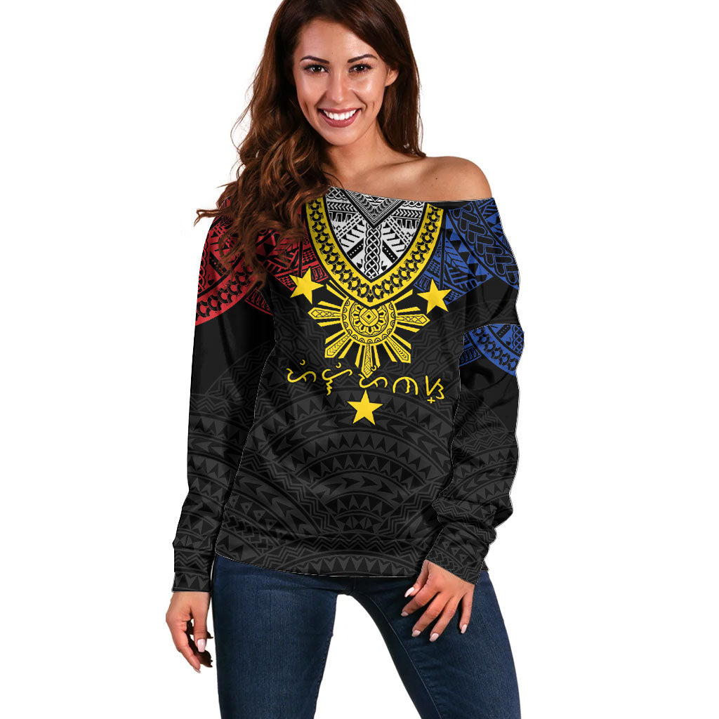 Philippines Heritage Baybayin Mix Polynesian Off Shoulder Sweater