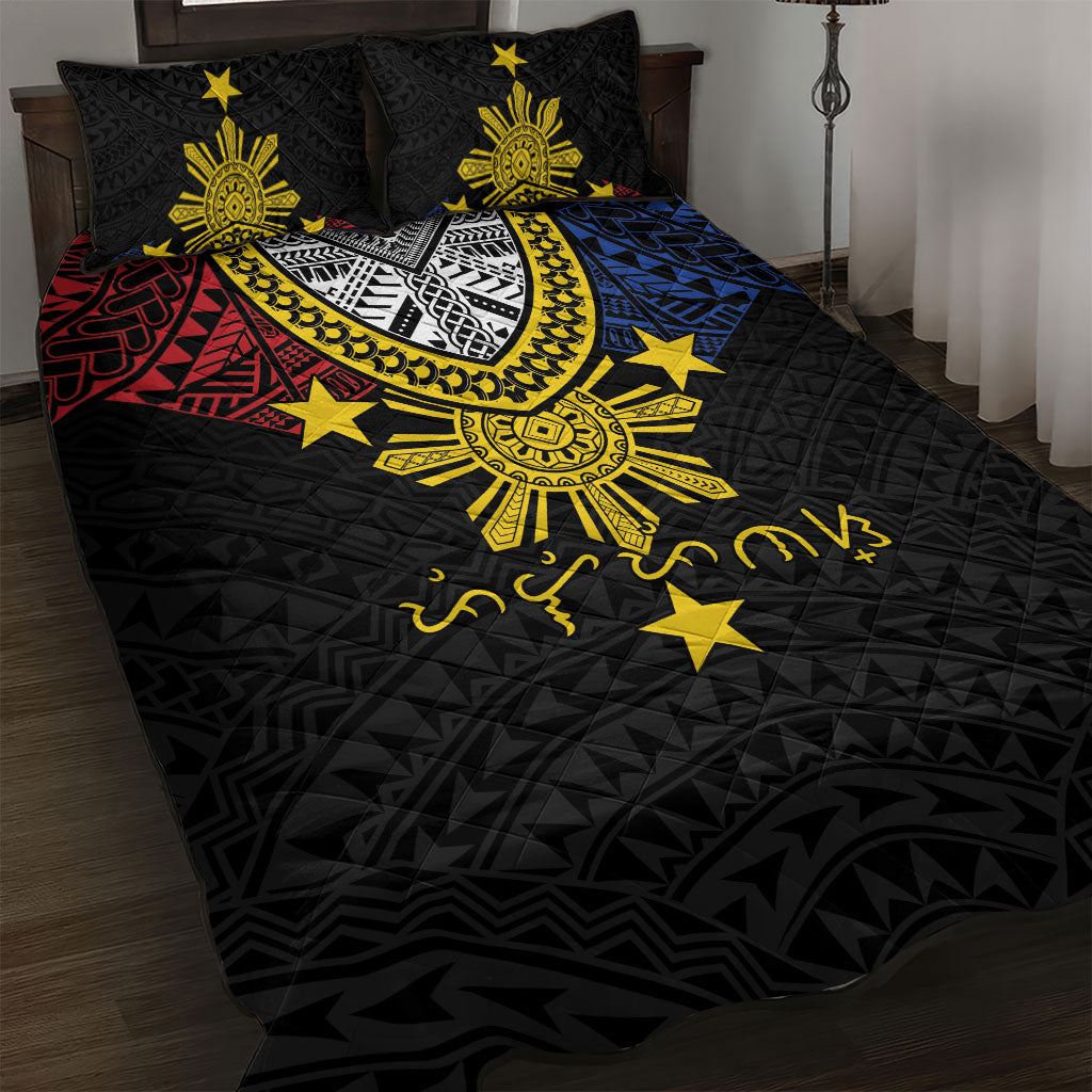Philippines Heritage Baybayin Mix Polynesian Quilt Bed Set LT7 Black - Polynesian Pride