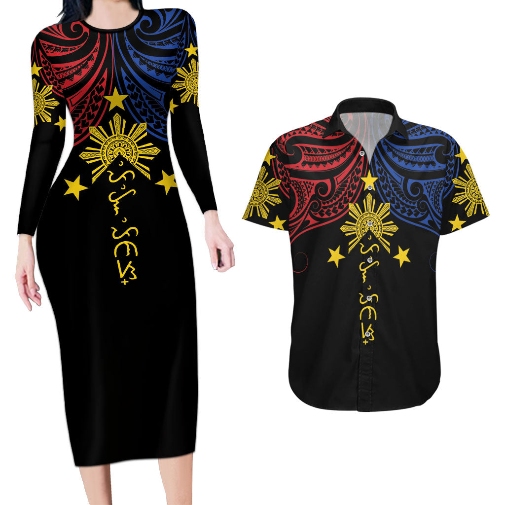 Philippines Heritage Personalized Couples Matching Long Sleeve Bodycon Dress and Hawaiian Shirt Baybayin Philipinas Sun