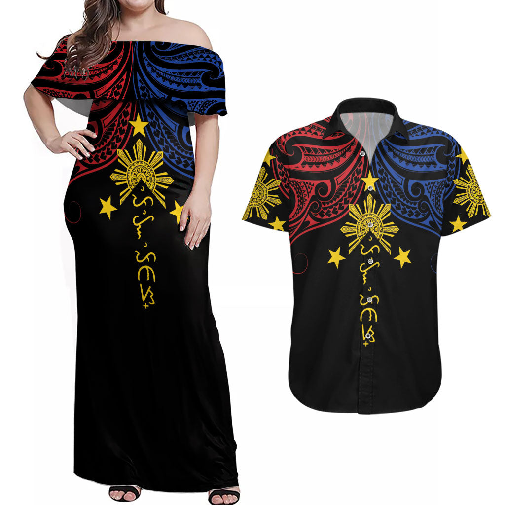 Philippines Heritage Personalized Couples Matching Off Shoulder Maxi Dress and Hawaiian Shirt Baybayin Philipinas Sun LT7 Black - Polynesian Pride