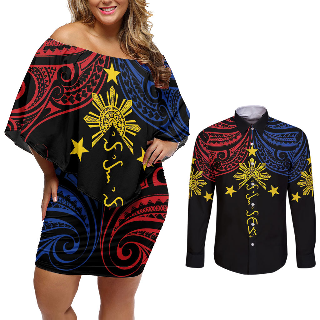 Philippines Heritage Personalized Couples Matching Off Shoulder Short Dress and Long Sleeve Button Shirt Baybayin Philipinas Sun